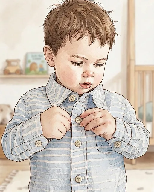 Enfant boutonnant chemise à carreaux, expression concentrée et adorable