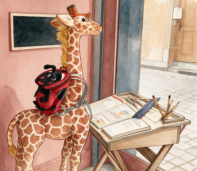 Girafe anthropomorphe avec sac à dos rouge devant une table d'écolier