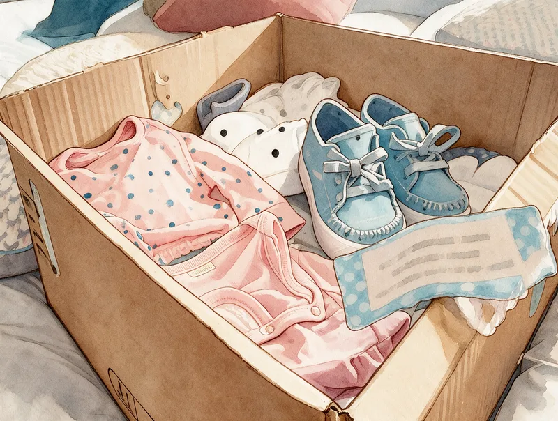 Vêtements bébé d'occasion rangés dans une boîte en carton avec chaussures et body