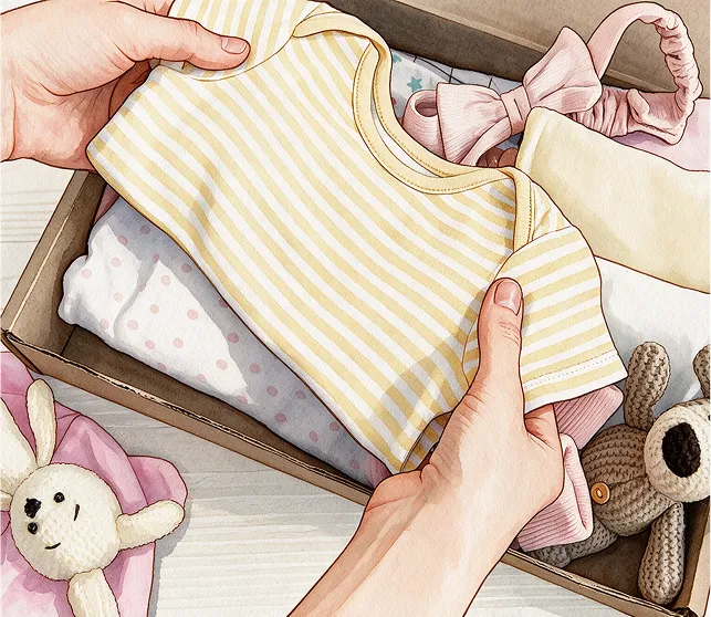 Vêtements-bébé occasion stylés dans boîte avec accessoires et peluches